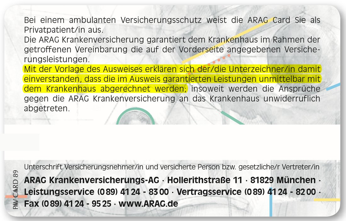 Rückseite der ARAG Card mit dem Satz, dass die garantierten Leistungen direkt mit dem Krankenhaus abgerechnet werden, und dem Unterschriftsfeld