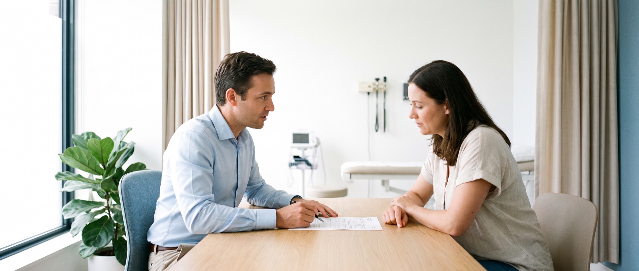 Arzt und Patientin besprechen einen Befund am Tisch