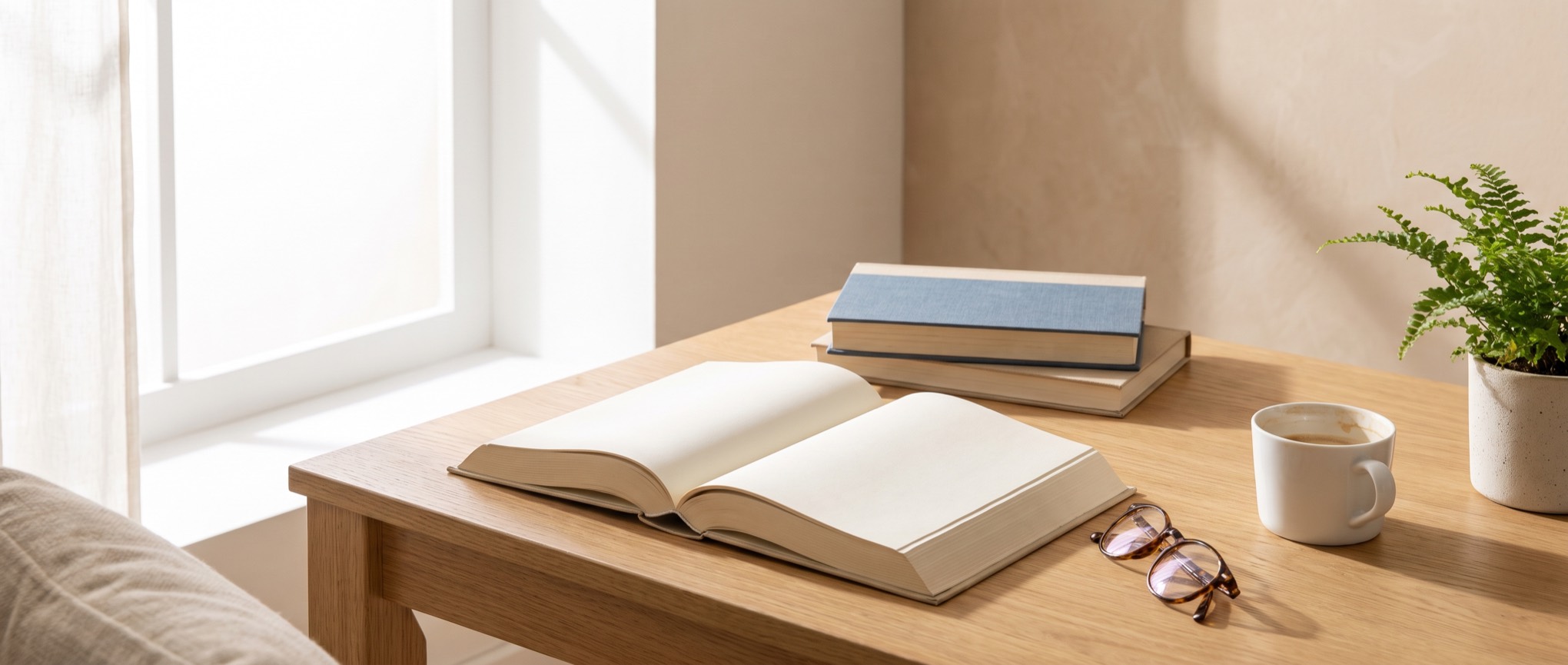 Aufgeschlagenes Buch mit Lesebrille und Tasse auf einem Tisch